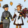 Винтажная открытка-рисунок с мальчиком и девочкой, идущими в  школу