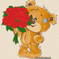 Анимационная открытка гиф c мишкой и розами на день рождения