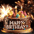 Изумительная гифка с днем рождения с тортом, салютом и подписью Happy Birthday