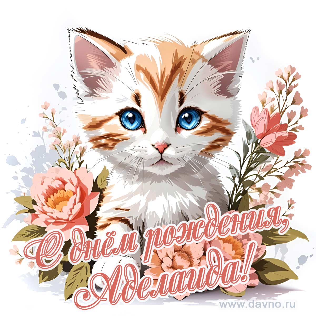 Новая рисованная поздравительная открытка для Аделаиды с котёнком