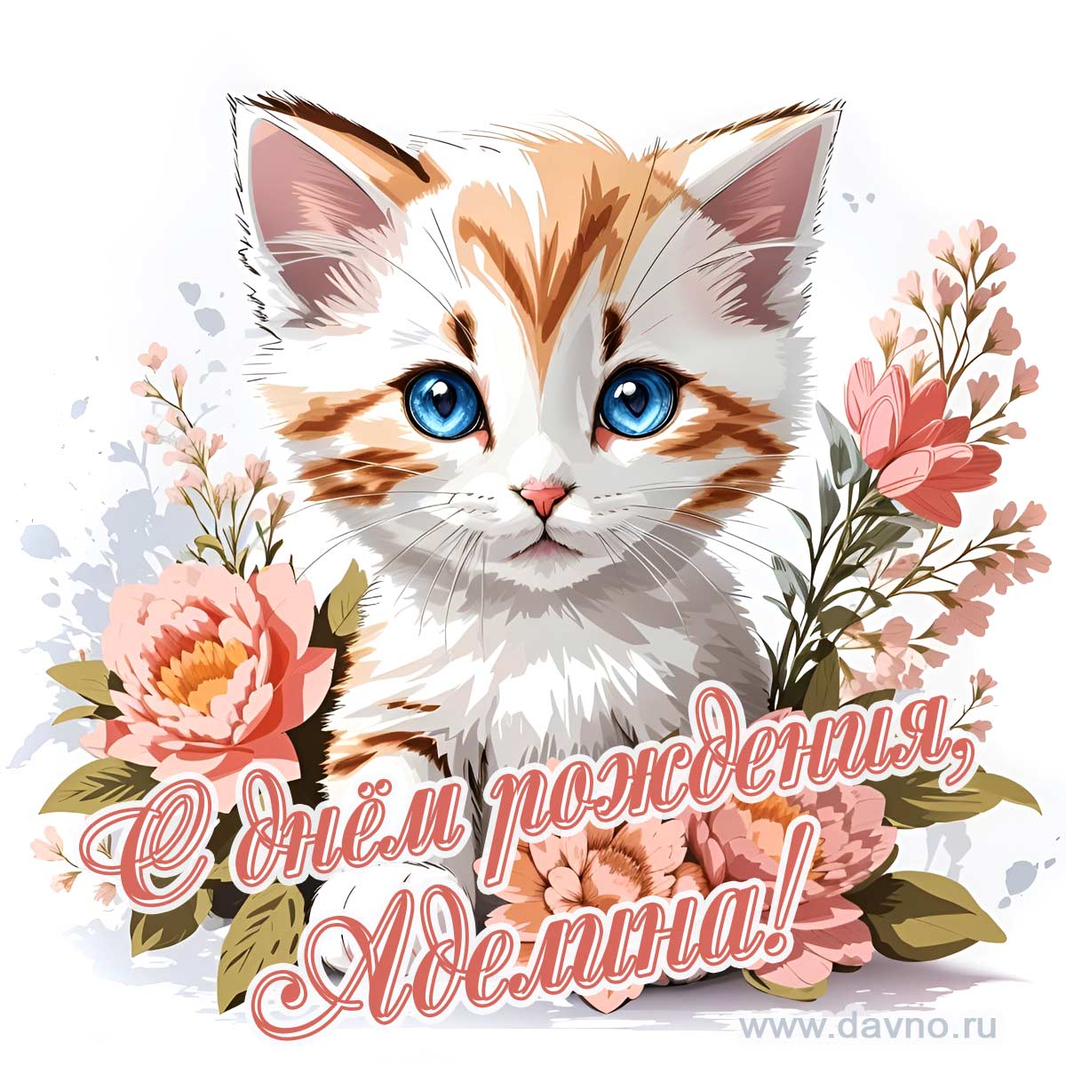 Новая рисованная поздравительная открытка для Аделины с котёнком