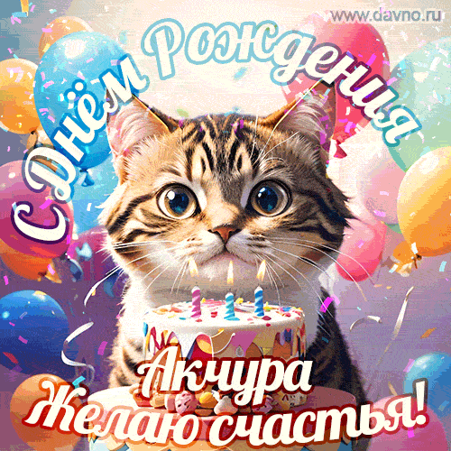 Новая анимированная гифка на день рождения Акчуре с котом, тортом и воздушными шарами