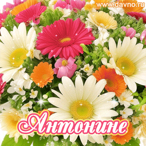Анимационная открытка для Антонины с красочными летними цветами и блёстками