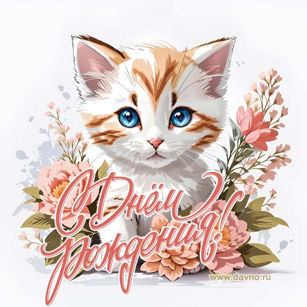 Новая поздравительная открытка с котёнком и цветами