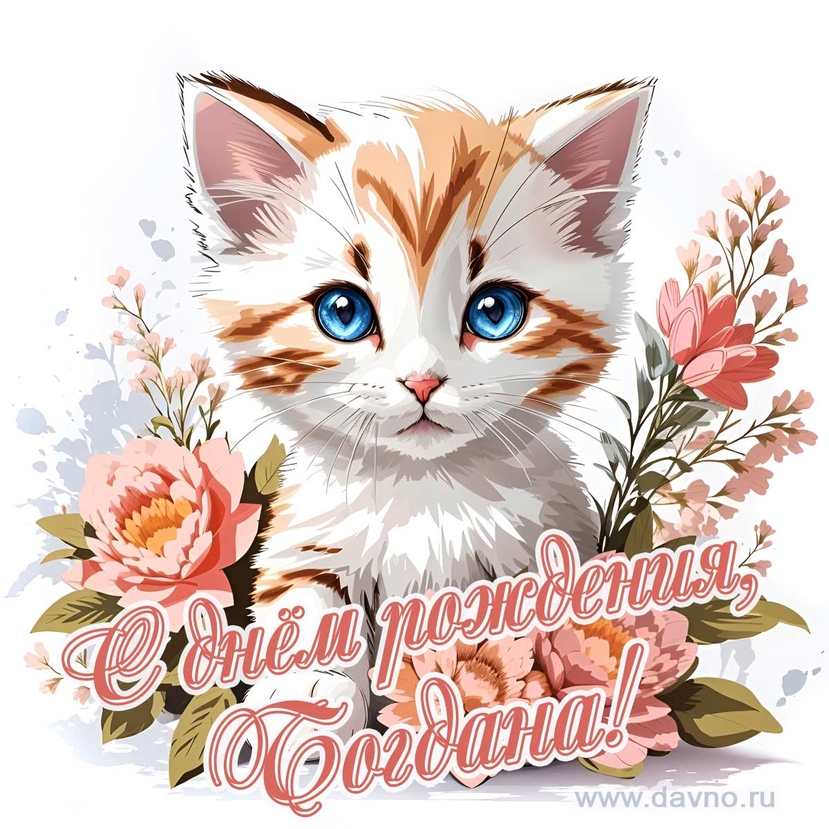 Новая рисованная поздравительная открытка для Богданы с котёнком