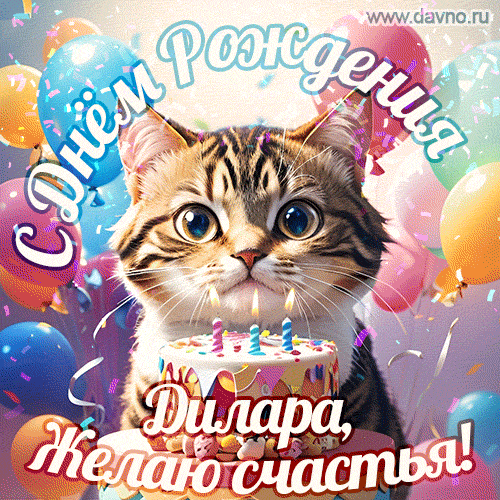 Новая анимированная гифка на день рождения Диларе с котиком, тортом и красочными воздушными шарами