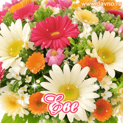 Анимационная открытка для Евы с красочными летними цветами и блёстками