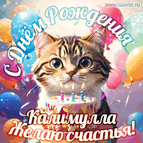 Новая анимированная гифка на день рождения Калимулле с котом, тортом и воздушными шарами