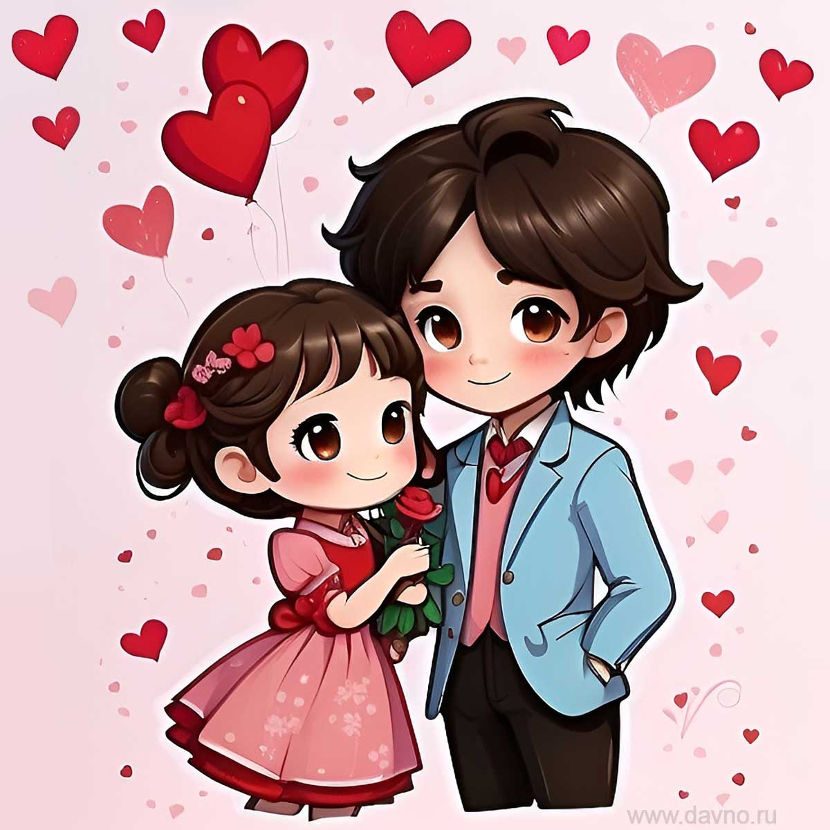 Романтическая картинка с влюблённой парой, нарисованная в стиле аниме