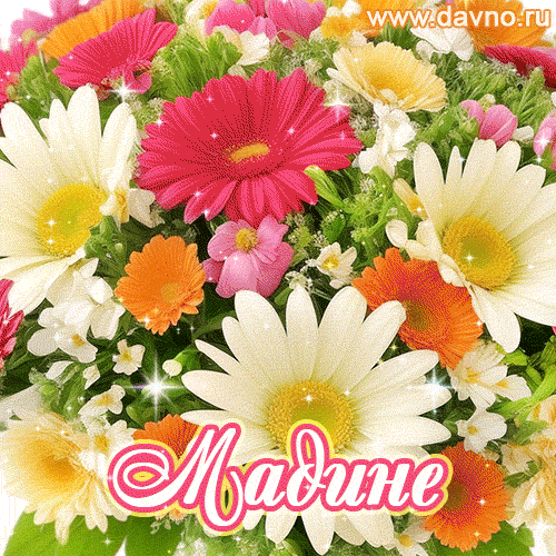 Анимационная открытка для Мадины с красочными летними цветами и блёстками