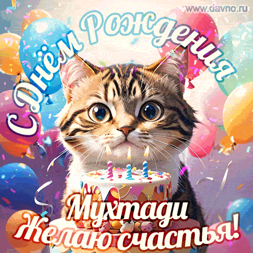 Новая анимированная гифка на день рождения Мухтади с котом, тортом и воздушными шарами