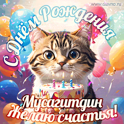 Новая анимированная гифка на день рождения Мусагитдину с котом, тортом и воздушными шарами