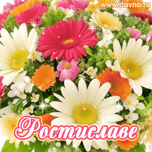 Анимационная открытка для Ростиславы с красочными летними цветами и блёстками
