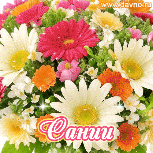 Анимационная открытка для Сании с красочными летними цветами и блёстками