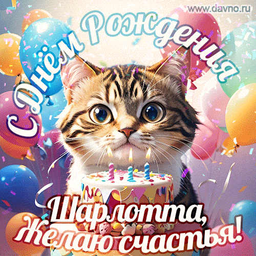 Новая анимированная гифка на день рождения Шарлотте с котиком, тортом и красочными воздушными шарами