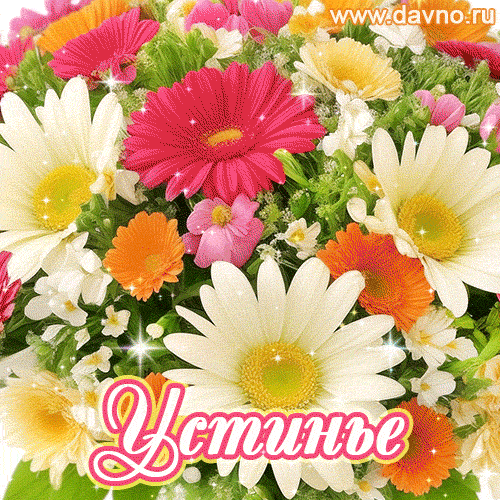 Анимационная открытка для Устиньи с красочными летними цветами и блёстками