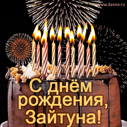 Красивая открытка GIF - с Днем рождения Зайтуна с праздничным тортом и фейерверком