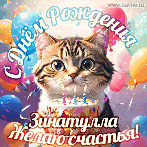Новая анимированная гифка на день рождения Зинатулле с котом, тортом и воздушными шарами