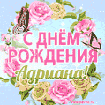 Поздравительная открытка гиф с днем рождения для Адрианы с цветами, бабочками и эффектом мерцания