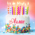Открытка с Днём рождения Аглае - гифка с тортом и свечами