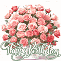 Роскошный букет розовых роз и подпись Happy Birthday