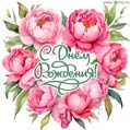 Поздравительная открытка на день рождения с венком из розовых пионов, акварельный рисунок