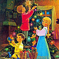 Счастливые дети украшают ёлку. Старинная рождественская открытка.