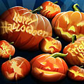 Happy Halloween. Дизайнерская открытка на Хэллоин с рисунками тыкв.