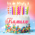 Открытка с Днём рождения Камилле - гифка с тортом и свечами