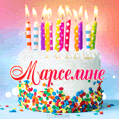 Открытка с Днём рождения Марселине - гифка с тортом и свечами