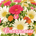 Анимационная открытка для Станиславы с красочными летними цветами и блёстками
