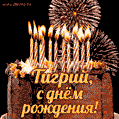 Красивая открытка GIF с Днем рождения Тигрий с праздничным тортом